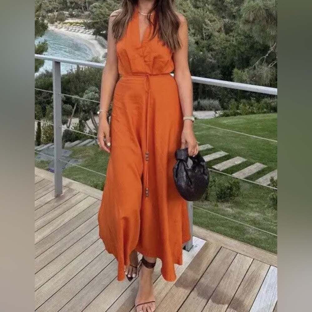 ZARA LINEN BLEND MIDI DRESS DARK ORANGE